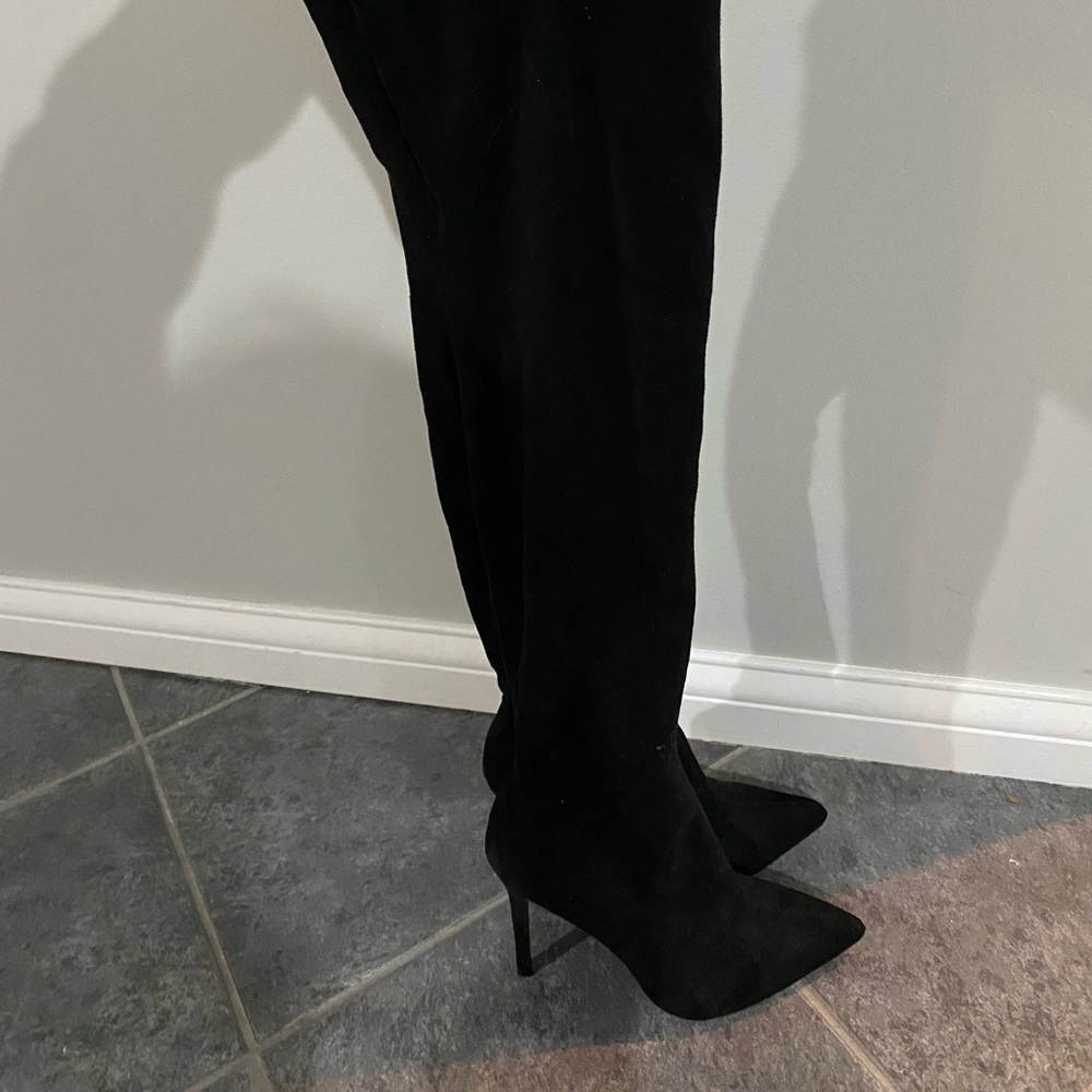Over the knee black suede heel boots